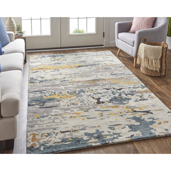 17 Stories Casual Abstract, Gray/Yellow/Blue Area Rug Wayfair
